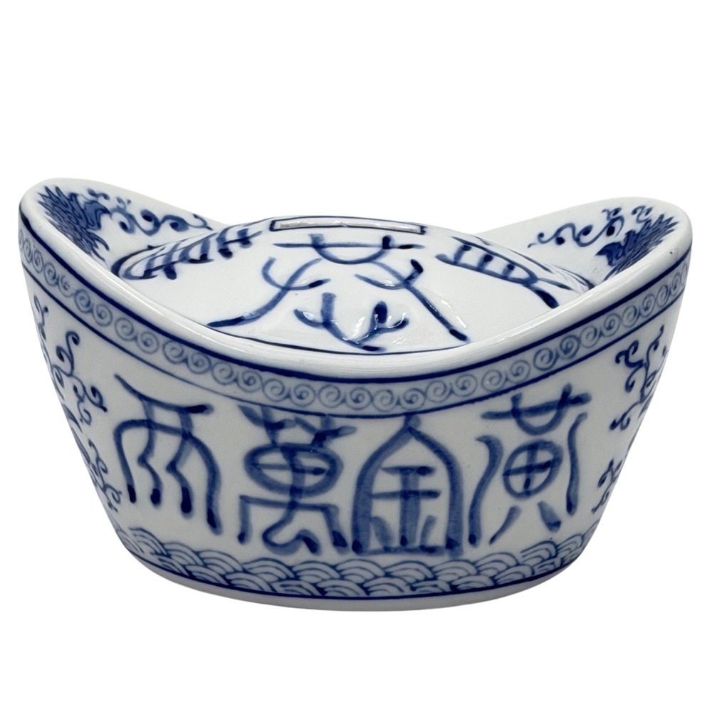 Vtg 70s Blue White‎ Porcelain Chinese Sycee Yuanbao Ingot Coin Bank Decor 6in